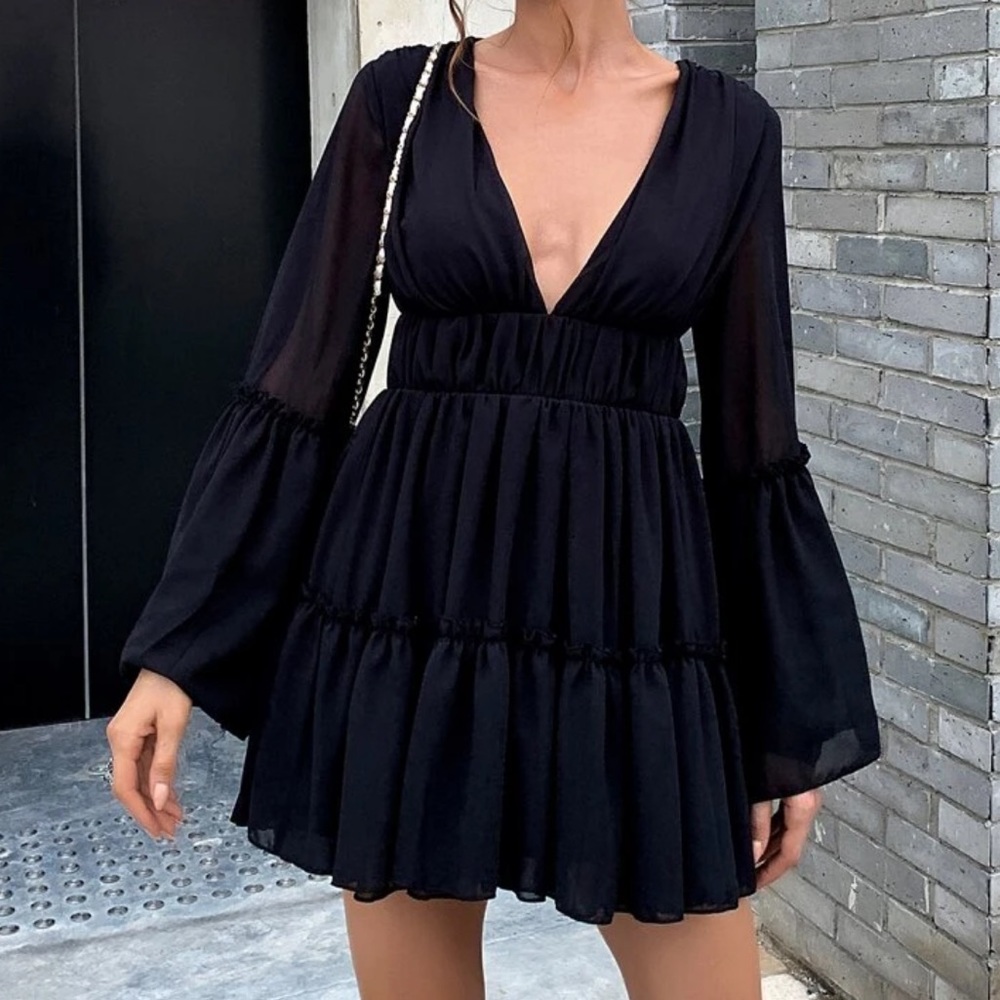 Boho plunging neckline ruffle hem dress